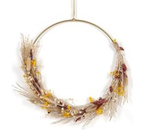 JUJOYBD Žāvētu ziedu vainags 28 cm - sienu rotaslietas Boho apdare Zelta metāla gredzens ar pampas zāli un kaltētiem ziediem, piekaramais durvju vainags visa gada garumā priekšdurvīm, logam, galdam