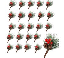 24 mākslīgo priežu zaru komplekts ar ogām un čiekuriem, mākslīgais vainags, rudens ziemas vainaga dekorēšana, mākslīgie priežu zari, ogu zari, ideāli piemēroti Ziemassvētku dekorēšanai