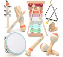Mūzikas instrumenti bērniem, bērnu rotaļlieta no 3 gadiem, Montessori rotaļlieta, koka rotaļlieta bērnu bungu komplekts, bērnu bungas, perkusijas instrumentu komplekts, dāvanu idejas zēniem, meitenēm un zēniem 3+ (9 in 1)