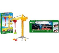 BRIO World 33835 Liels celtniecības celtnis ar gaismu un World 33884 Akumulatora tvaika lokomotīve ar ūdens tvertni, lokomotīve ar reāli vēsu tvaiku un ūdens tvertni uzpildīšanai, ieteicams no 3 gadiem