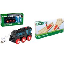 BRIO World - 33599 Akumulatora lokomotīve ar mini USB un vilcienu 33344 - Mehānisko slēdžu pāri - Dzelzceļa piederumi Koka vilciens - Ieteicams bērniem no 3 gadu vecuma