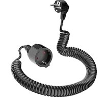 Aizsargkontaktu pagarinātājs, spirālveida pagarinātājs, izstiepjams no 0,9 m līdz 5 m, IP20 pagarinātājs, pagarinātājs (230 V/16 A), spirālveida kabelis ar Schuko kontaktdakšu un savienotāju, melns