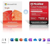 Microsoft 365 Single │ 1 gads | 1 persona │ Office Apps mit KI | 1 TB Cloudspeicher | par 99 € + McAfee Total Protection │ 1 gads | 5 ierīces │ par 108,10 €