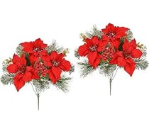 Mākslīgo ziedu pušķis Poinsettia komplekts 2 45 cm egle Advent Star Mākslīgā Ziemassvētku zvaigzne Zvaigzne Pušķis X'Mas Ziemassvētku rotājumi Ziedi Ziedu rotājumi Centrepieces Zīda ziedi Dekoratīvie ziedi, Poinsettia/Berries