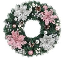 Ziemassvētku vainags, egļu zaļš ar rozā un sudraba krāsām, 30 cm, mākslīgie priežu zari, skujas un mirdzošas bumbiņas, tradicionālais stils, svētku rotājums durvīm