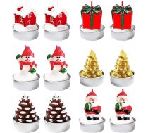 12 mini Ziemassvētku svecīšu tējas svecīšu iepakojums 5 x 4 cm - 6 svētku dizaina Ziemassvētku sveces bez aromāta, dekoratīvās tējas svecītes galda dekorēšanai, Adventes vainagam un Ziemassvētku vakaram.