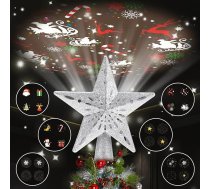 Aceshop Ziemassvētku eglīte Topper Apgaismots ar 6 projekcijas režīmiem, zvaigzne Ziemassvētku eglīte Topper Apgaismots Integrēta LED rotējoša gaisma 3D Hollow Glitter Star projektors Ziemassvētkiem, svētkiem, ballītei