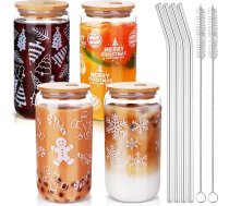 Mkhaslri 4 x Ziemassvētku stikla krūzes ar vāciņiem un salmiņiem, 473 ml, ledus kafijas krūzes ar vāciņiem, Ziemassvētku alus, dzeramās glāzes, caurspīdīgas, Ziemassvētku kafijas bāra piederumi, dāvanas, mājas dekorācijas