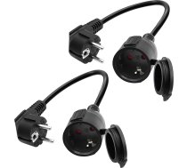 Schuko pagarinātājs īss, maiņstrāvas pagarinātājs Schuko, īss strāvas vada pagarinātājs, īss ārējais kabelis, 3 x 1,5 mm², 16 A 250 V, IP44, mājām, 2 gabali (melns, 90 grādi, 0.3)