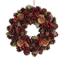 Widdop Regal Tidings Ziemassvētku vainags ar priežu čiekuriem 38cm Tradicionāls sarkans un zelta durvju rotājums ar mākslīgajām ogām un zaļumiem Svētku vainags durvīm, sienām un mantijai