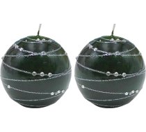 Dekohelden24 Eleganta lodveida svece, galda svece, dekoratīvā svece, vaska svece ar dārgakmeņu motīvu, dekoratīvā bļodveida svece kā bumba, 8 cm, sudraba svītra, tumši zaļā krāsā. (2 gab. iepakojumā)