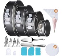 139 gabaliņu atsperformas kūku veidņu komplekts, nesadalāms pārklājums, 4 kūku veidnes (11/18/23/26 cm) + piederumi kūku dekorēšanai: Cepamais papīrs, pipešu maisiņi un sprauslas, mīklas skrāpis, kūku griešanas komplekts, kūku griešanas