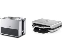 Bosch TAT7S25 kompakts grauzdētājs, atkausēšanas/smalcināšanas funkcija, 1050 W, nerūsējošais tērauds/melns & WMF Lono sviestmaižu veidotājs, 2 standarta vai XXL grauzdiņiem, 2 līmeņu augstuma regulēšana, matēts nerūsējošais tērauds