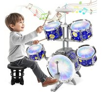 Bērnu bungu komplekts ar apgaismojumu, 5 bungas ar tabureti, mūzikas instrumentu mācību rotaļlieta dāvana bērniem no 3 gadu vecuma meitenēm un zēniem
