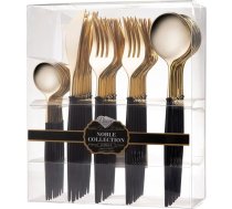 Decor Decorline - Vairākkārt lietojams izturīgs plastmasas galda piederumu komplekts - 40 gabali - katrs ar 16 dakšiņām, 8 nažiem, 8 karotēm un 8 kafijas/kafijas tējkarotēm - Noble Collection - Virsma: spīdīga zelta - Rokturis: melns