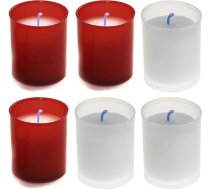 AROMATIS - 3 sarkano sveču komplekts + 3 balto sveču komplekts 6,5 x 4,7 cm (diametrs) - votīvās sveces - liturģiskās sveces novēlējumi - degšanas laiks 24 stundas - augu parafīns