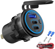 12 V USB kontaktligzda USB lādētājs ar vairākiem pieslēgumiem, Dual PD3.0 USB-C un QC3.0 auto savienojuma ligzda ar strāvas slēdzi, ātrais lādētājs iPhone, iPad, Android tālruņiem, piemērots automašīnai, laivai, jūrai