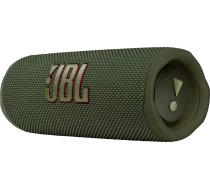 JBL Flip 6 Bluetooth kaste zaļā krāsā: Ūdensizturīgs, pārnēsājams skaļrunis ar divvirzienu skaļruņu sistēmu jaudīgai skaņai, līdz pat 12 stundām bezvadu mūzikas atskaņošanas.