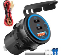 MKBKLLLJY 12 V USB ligzda 3 pieslēgvietu auto lādētājs 78 W Dual PD 3.0 USB-C un Quick Charge 3.0 Ūdensizturīgs auto kontaktligzdas strāvas slēdzis ar 60 cm kabeļa drošinātāju kabeļa kaklasaite telefonam, laivai, treilerim