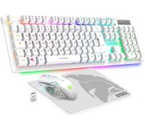 - Armor RF800 bezvadu uzlādējams spēļu tastatūras un peles komplekts QWERTZ (vācu izkārtojums) - tastatūra 2,4GHz RGB - pele 4800 DPI ar peles paliktni - PC PS4 PS5 Xbox One/Series Mac - balta
