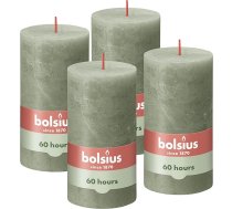 Bolsius Rustic Pillar Candles, olīveļļas zaļš, 4 gab., dekoratīvās mājas sveces, degšanas laiks 60 stundas, bez aromāta, dabīgs augu vasks, bez palmu eļļas, 13 x 7 cm