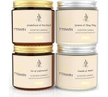 TTRWIN 4 aromātisko sveču komplekts no sojas vaska, ilgs degšanas laiks, maza stikla aromātiskā svece, jasmīns/Ylang Ylang, sandalkoks/patruļa, egle/ciedra koks, vaniļa/asmarža, dāvana sievietēm un vīriešiem