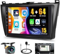 [2025 Upgrade 8 Core 4G + 64G] Hikity 9 collu Android 15 Dashboard Radio komplekts Mazda 6 2007-2012 Auto Radio 2DIN ar CarPlay Android Auto Wireless WiFi GPS BT5.0 59UI 32DSP RDS Mic Aizmugures skata kamera