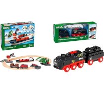 BRIO World 33061 Konteinera ostas komplekts - no 3 gadiem & World 33884 Akumulatora tvaika lokomotīve ar ūdens tvertni - lokomotīve ar reāli vēsu tvaiku un ūdens tvertni uzpildīšanai - ieteicams no 3 gadiem
