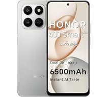 HONOR 400 Smart 5G viedtālrunis Dual SIM NFC Android 15, 4 + 128 GB, 6500 mAh divu šūnu akumulators, tūlītēja AI poga, 6,77 collu 120 Hz ērts displejs, 5 zvaigžņu SGS un IP65, 50 MP + 2 MP, Meteor Silver