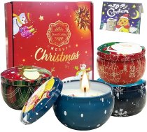 4 Ziemassvētku aromātisko sveču komplekts Sandalkoka, zilganzaļa, jūras sāls, baltā muskusa, relaksācijas sveču komplekts ar apsveikuma kartiņu