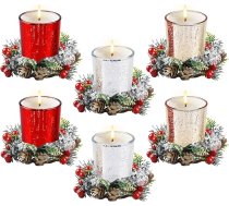6 Ziemassvētku tējas gaismas turētāji ar sveces gredzenu, Ziemassvētku tējas gaismas glāzes, Ziemassvētku sveces turētājs, Ziemassvētku rotājumi, galda dekori, ar Ziemassvētku vainagu, piemēroti Ziemassvētkiem,