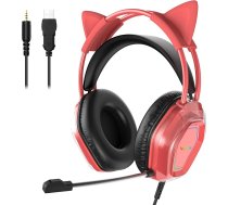 Wantak Cat Ear austiņas ar mikrofonu - kabelis (3,5 mm / USB) - spēļu austiņas datoram/PS5/Xbox - trokšņu slāpēšana, HiFi skaņa, 20-20 000 Hz - vieglas un ērtas sievietēm/meitenēm (sarkanas)