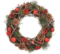 Ziemassvētku vainags sarkanā, zaļā un brūnā krāsā, Dekoratīvs vainags, Durvju vainags, Adventa kompozīcija ar egļu čiekuriem, zariem, bumbiņām un ogām, Ziemassvētku rotājumi, Durvju un sienu rotājumi, Ziema un