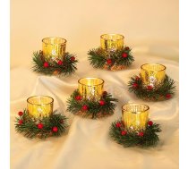 Tējas gaismas turētājs Ziemassvētku sveces turētājs Ziemassvētku dekorēšanas galds: Ziemassvētku tējas gaismas glāzes ar mākslīgo adventes vainagu Sarkano ogu sveču gredzens Hewory 6 galda dekoru komplekts