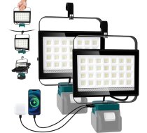 Akumulatora lampa Makita 100 W (bez akumulatora), 2 gab., 6500 lm LED darba gaisma, 2 režīmi, celtniecības prožektors, īpaši spilgts akumulators, pārnēsājams prožektors ar C tipa un USB uzlādi