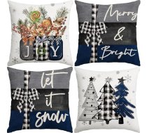 Miaikoe 55 x 55 cm Ziemassvētku spilvenu pārvalki Merry Christmas Joy Xmas Trees Blue and Black Dekoratīvie ziemas brīvdienu spilveni, kas paredzēti dekorēšanai dīvāna komplektā no 4