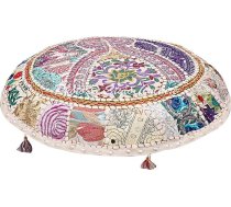 Etniskās dekoratīvās apaļas grīdas sēdekļa spilvens 100 x 100 cm liels meditācijas spilvens Vintage balts Boho Patchwork Bean Bag sēdekļa spilvens kokvilnas izšūti grīdas spilvens stūra