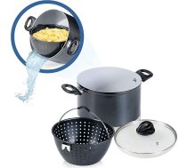 Genius Cerafit Magic Pot 24 cm katlu komplekts - 6,4 l katls ar sieta ieliktni un stikla vāku ērtai gatavošanai, siešanai un servēšanai, keramikas pārklājuma makaronu katls visu veidu plītīm, melns, A24662