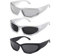 Lassuzie 3 pāri Vintage saulesbrilles vīriešiem sievietēm Y2K futūristiskās saulesbrilles Vieglas apvijums ap UV400 velosipēdu brilles Velosipēdu brilles sporta brilles, melnas
