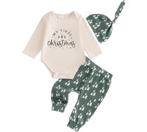 MAHUAOYIXI Bērnu Unisex Ziemassvētku apģērbu komplekts Mans pirmais Ziemassvētku apģērbs Garām piedurknēm Ziemassvētku Romper + bikšu bikses + cepure 3 gabali Ziemassvētku apģērbs Mīksts Ziemassvētku bērnu komplekts