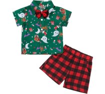 Toddler Boys īsām piedurknēm Ziemassvētku drukāts top svītrains drukāts šorti ar kabatām Ziemassvētku džentlmenis apģērbs bērnu rudens Ziemassvētku apģērbs bērniem Cute Xmas apģērbu komplekts A-238