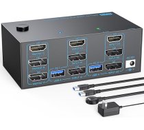 8K KVM slēdzis 3 monitori 2 datori Trīs monitori 2 Display Port 1.4 un HDMI 2.1 USB 3.0 KVM slēdzis DP 1.4 atbalsta 8K@30Hz/4K@144Hz, HDMI atbalsta 8K@60Hz /4K@120Hz ar vadu.