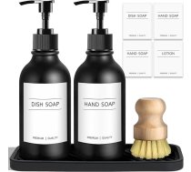 GMISUN Rokas ziepju dozatora komplekts, 500 ml rokas ziepju dozators ar paplāti un koka trauku birsti virtuves izlietnei, uzpildāma roku mazgāšanas pudele ar sūkni virtuvei, šķidruma un losjona ziepju dozators, melns
