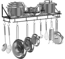 AcornFort® K-1125 90 cm melns īpaši liels virtuves plaukts, sienas plaukts podiem, pannām, traukiem, traukiem, piekaramais plaukts ar 10 āķiem