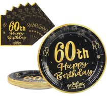 AHPYEUHK 50 Pack 9" melni papīra šķīvji un salvetes 60. dzimšanas dienas svinību deserta trauki Happy Birthday Dekorācijas Puses piederumi