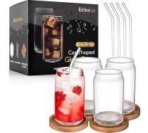 16oz skārdenes formas stikla krūzes - 4 alus skārdeņu krūzes ar salmiņiem un akācijas koka paliktņiem - estētiska sodas skārdeņu krūze, augsta dzeramā trauksme, forši dzeramie glāzes virtuvei