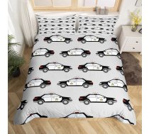 Bērnu policijas automašīnas sega 135 x 200 cm, melns, balts, pelēks, maziem bērniem, policijas automašīnu gultas pārklājs, mīlīga automašīnu tēma, gultas veļas telpu rotājumi (Zip slēgšana)