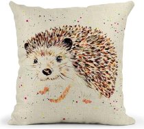 Ežs Britu savvaļas dzīvnieku spilvens Ar rokām apgleznots akvareļu mākslas lina spilvens ar pildījumu vai tikai pārvalku 40x40cm Dāvana Ziemassvētku dzimšanas diena (ar ieliktni)