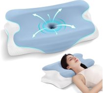 JINXIA Atmiņas putu spilvens miegam, ergonomisks ortopēdisks kakla atbalsta spilvens, atvēsinošs spilvens ar noņemamu pārvalku sānu, muguras, vēdera miega laikā, zils/balts
