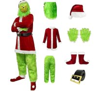 Velcoxplay Vīriešu Ziemassvētku Ziemassvētku kostīms Cosplay Ziemassvētku vecīša kostīms, 7-daļu zaļš briesmoņa kostīms, Ziemassvētku vecīša tērps, Ziemassvētku kostīms ar masku